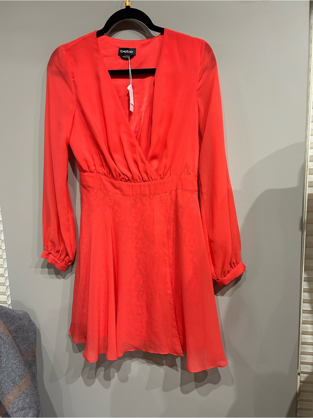 bebe Coral-Red V-Neck Long Sleeve Mini Dress